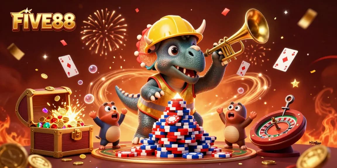 Experience the excitement of FIVE88 with a triceratops building poker chips and celebrating with casino elements.