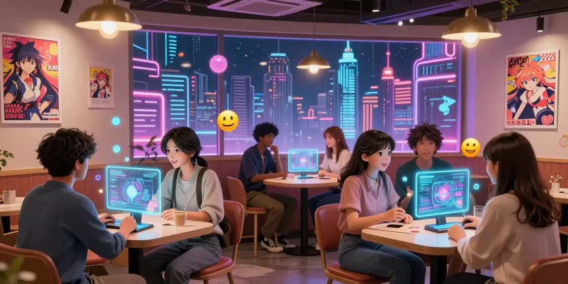 AI ecchi chat scene with vibrant characters engaging in animated conversations at a digital café, showcasing diverse interactions.