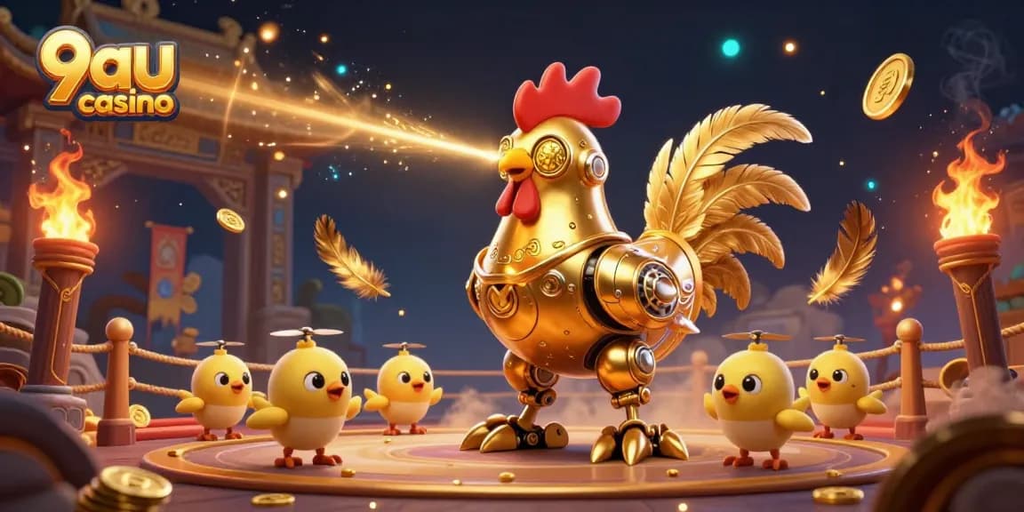 Engage with thrilling gameplay at 9au casino featuring a golden rooster robot and dynamic elements.
