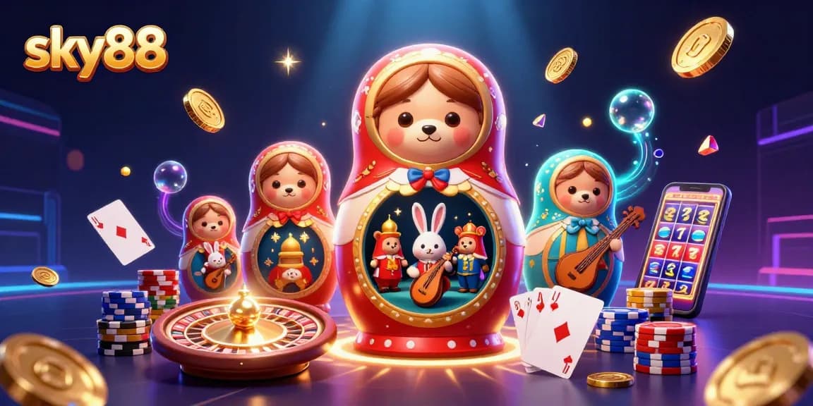 Experience thrilling gameplay at sky88 with vibrant characters amidst cascading coins and casino elements.
