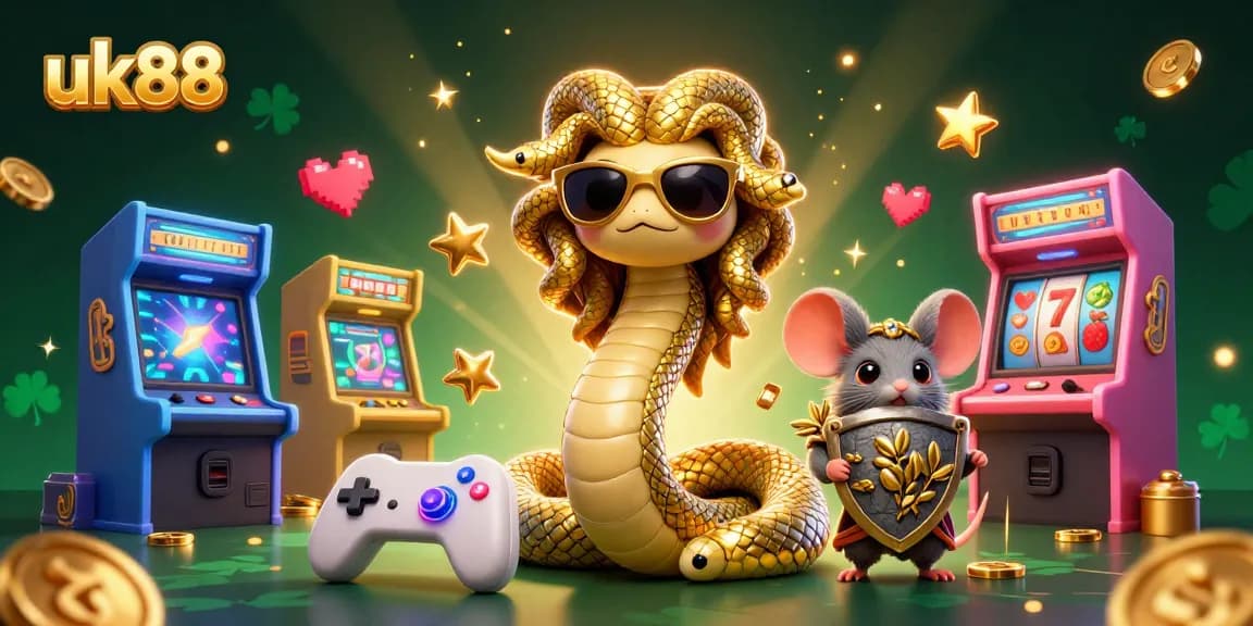 Experience thrilling gaming with uk88 in a vibrant 3D casino illustration featuring Medusa and arcade elements.