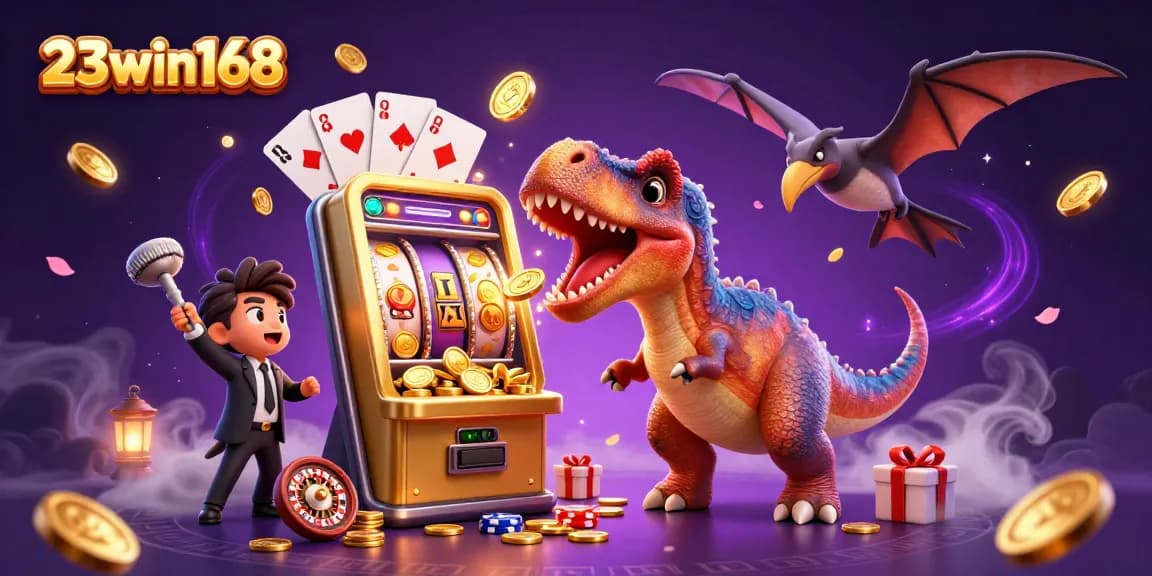 Experience the thrill of 23win168 with a pachycephalosaurus jackpot scene, dynamic casino elements, and vibrant colors.