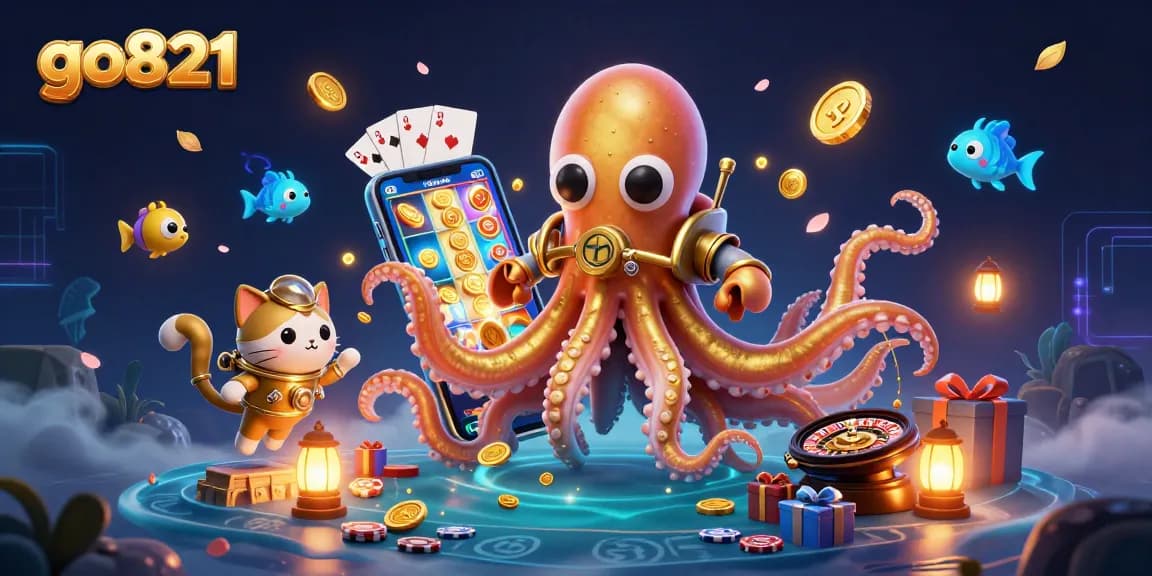 Win big at go821 with a colossal kraken and colorful slots in this dynamic casino scene.