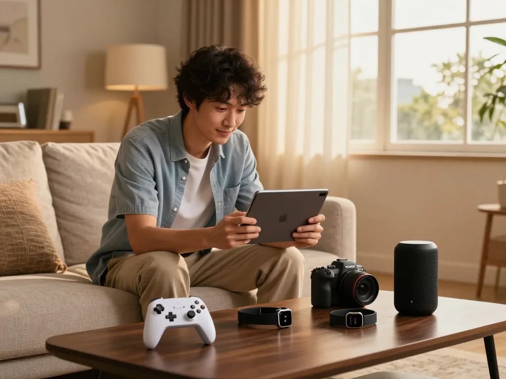 Exploring affordable tech gadgets on a tablet in a modern living room filled with stylish tech items.
