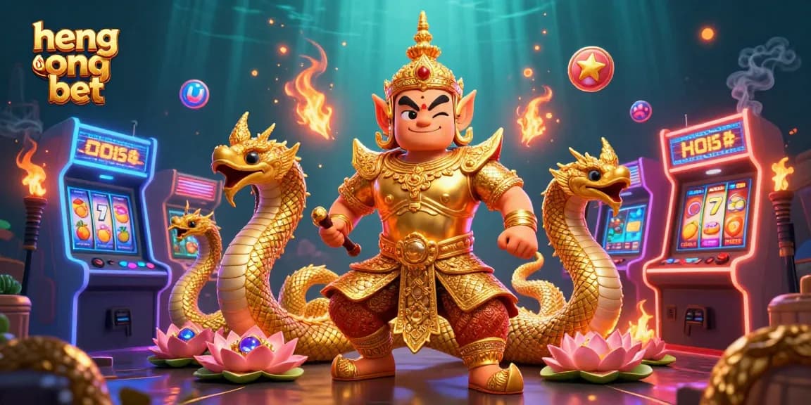 Engage with heng ong bet at a vibrant casino scene featuring golden guardians and arcade games.