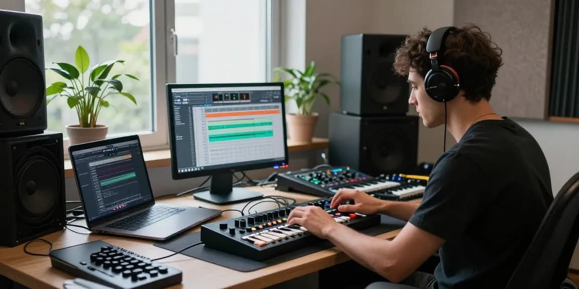 Music producer using SC88 sound module in a modern studio setting