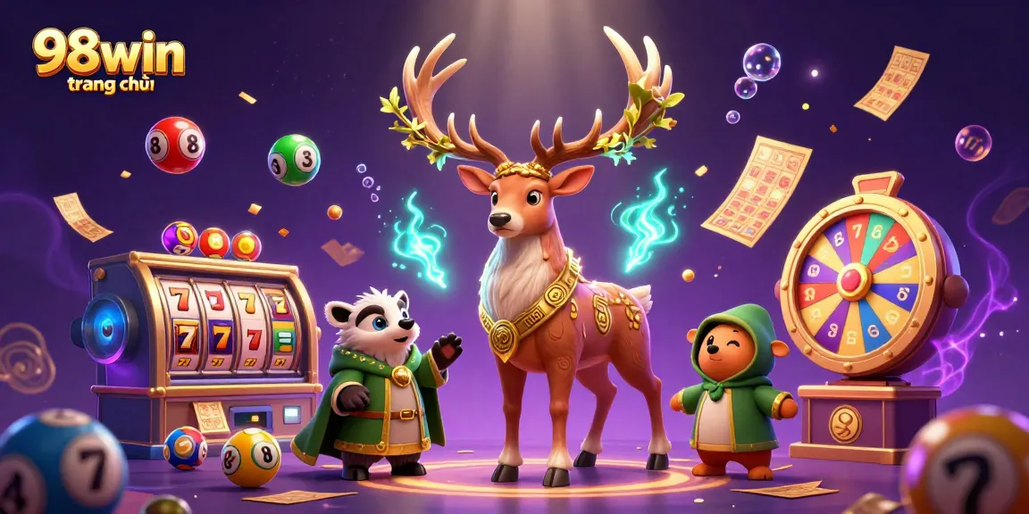 Engage with 98win trang chủ through a vibrant casino scene featuring a druid stag and colorful gambling elements.