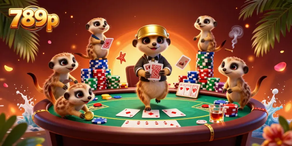 Meerkats managing a vibrant casino scene in a colorful 3D illustration featuring 789p elements.