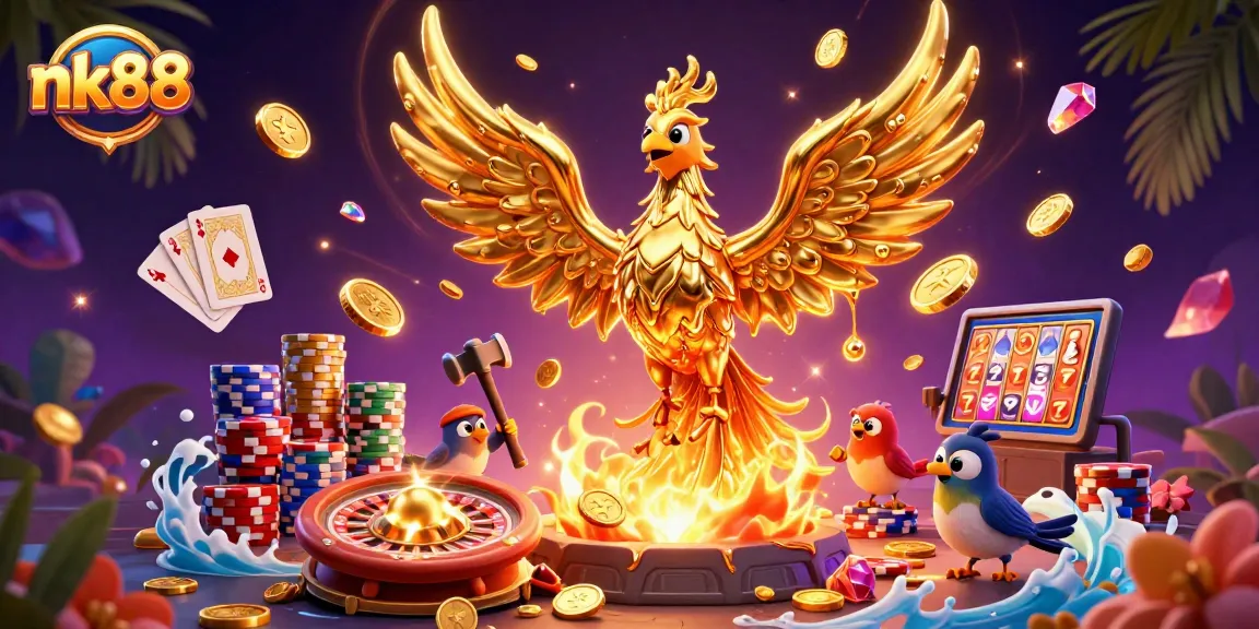 Experience the thrilling gains at nk88 with a dynamic 3D casino scene featuring golden phoenix and vibrant gaming elements.