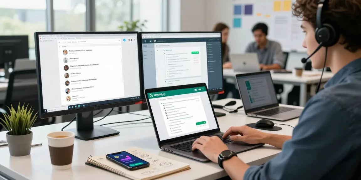 Engaging with WhatsApp網頁版 on a laptop in a sleek, modern office.