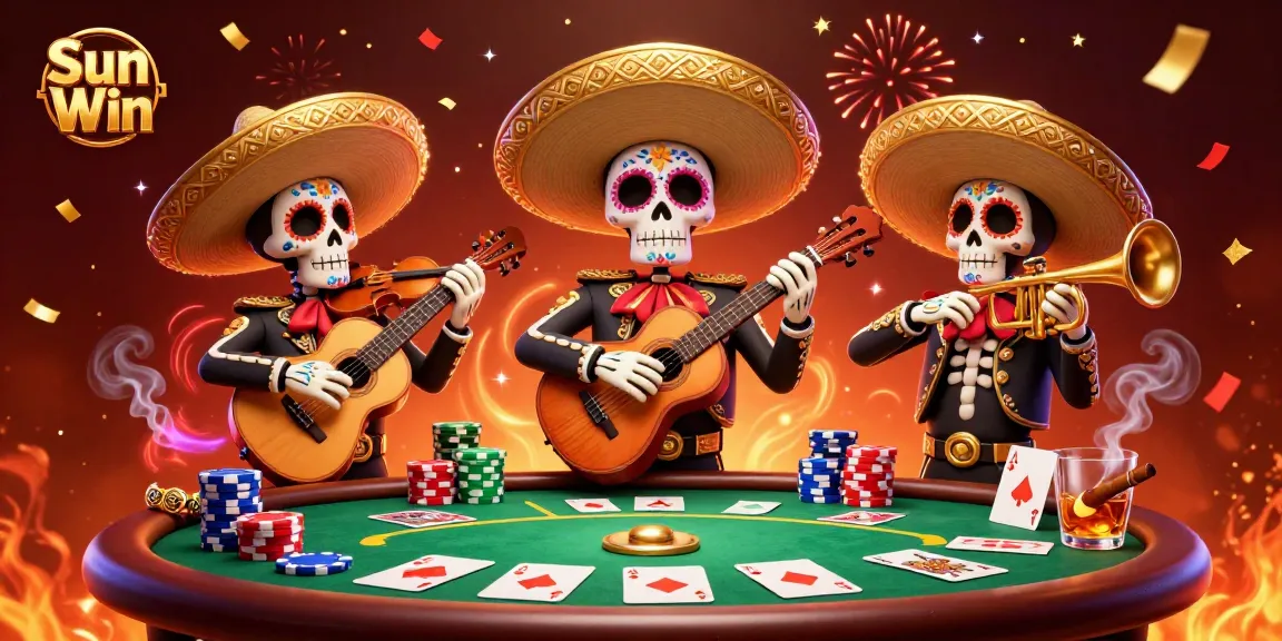 Experience the excitement of Sun Win with a vibrant 3D Dia de los Muertos mariachi band and poker elements.