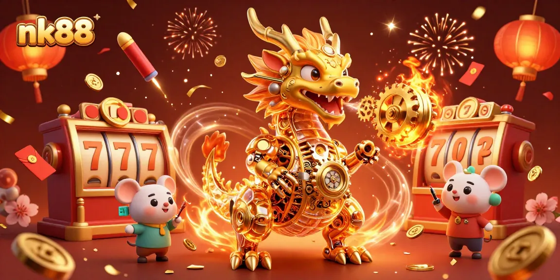 Spin and win big with nk88’s immersive gaming experience featuring a gold dragon and slot reels.