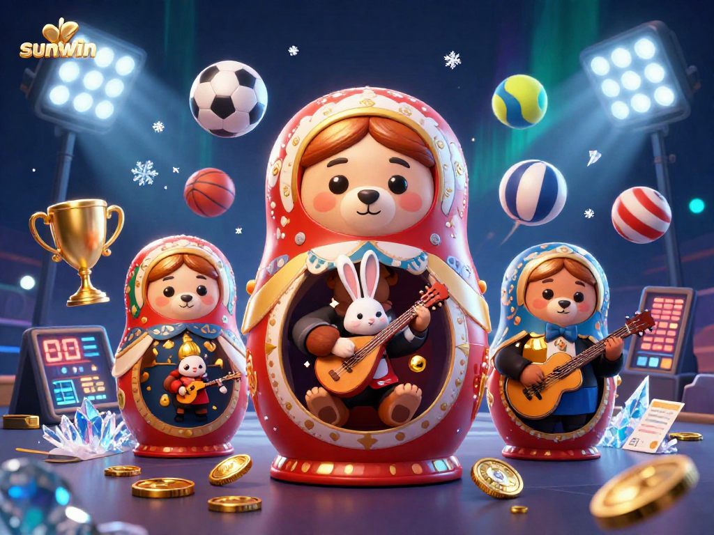 Engaging sunwin casino scene featuring a Matryoshka bear surrounded by sports betting elements.