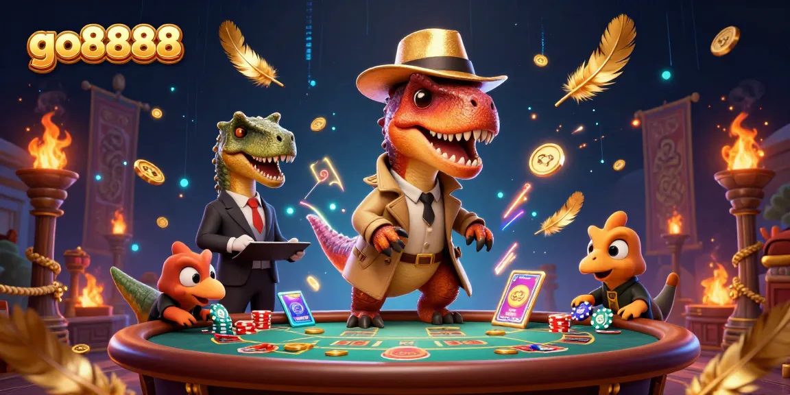 Experience excitement at go8888 with a cartoon velociraptor card counter in action at a blackjack table.
