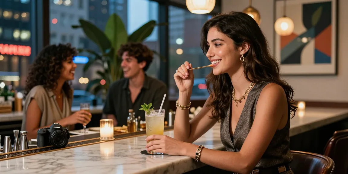Gái gọi tận hưởng tối vui vẻ tại quán bar hiện đại, thành phố rực rỡ ánh đèn.