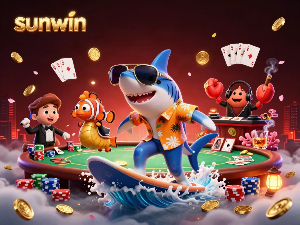 Experience excitement with sunwin as a cartoon shark surfs golden coin waves surrounded by poker components.
