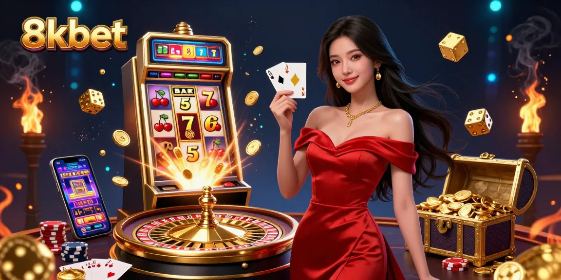 Experience thrilling moments at 8xbet with playing cards and roulette wheel amid vibrant casino elements.