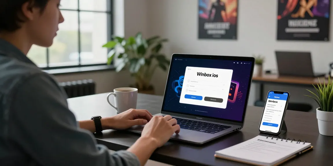 Winbox ios login on a laptop in a modern workspace with notifications on a smartphone.