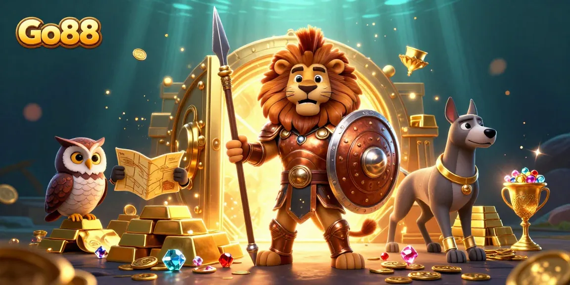 Go88 offers exciting gaming with golden treasures and immersive character action in this vibrant illustration.