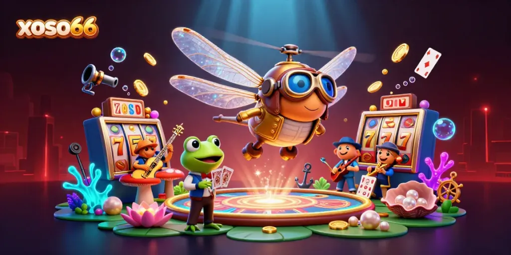 Experience xoso66 excitement with a dragonfly pilot and frog croupier at a vibrant, lively casino scene.