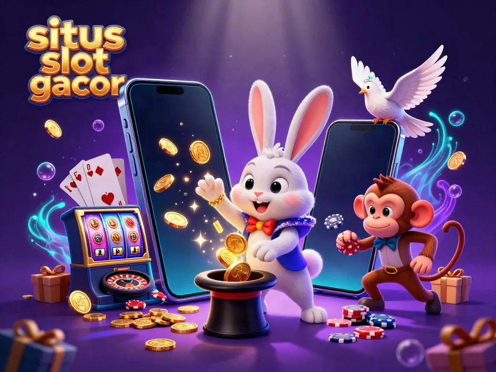 Engage with situs slot gacor, as the magician rabbit reveals golden coins and slot games in a vibrant casino scene.