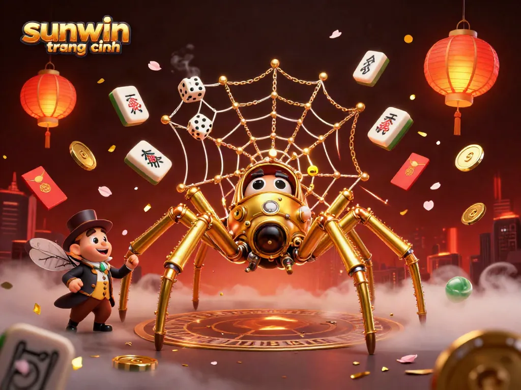 Catching dice and winning poker chips, a vibrant steampunk spider highlights sunwin trang chính.