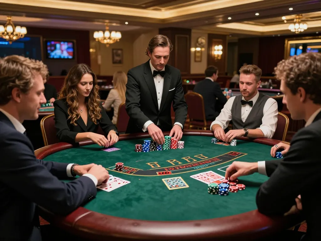 Players engaging in a thrilling game of blackjack, showcasing FA8 8 stakes and strategic gameplay in a luxurious casino.