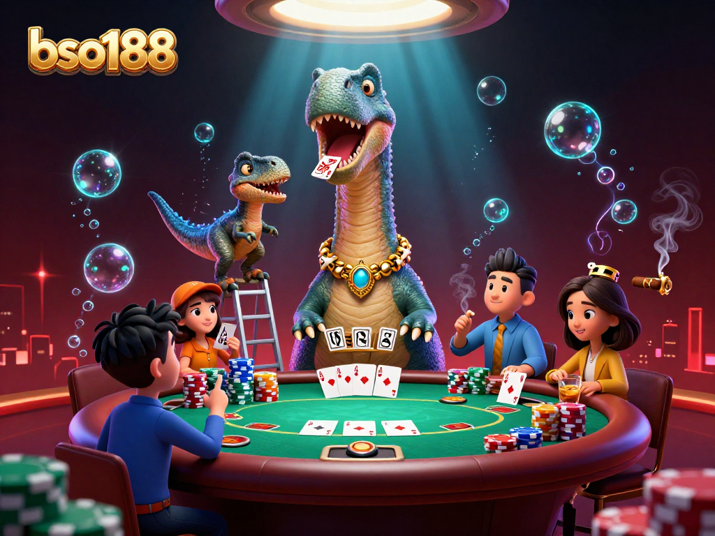 Engage in intense poker moments with bso188 as a brontosaurus oversees a thrilling card game.