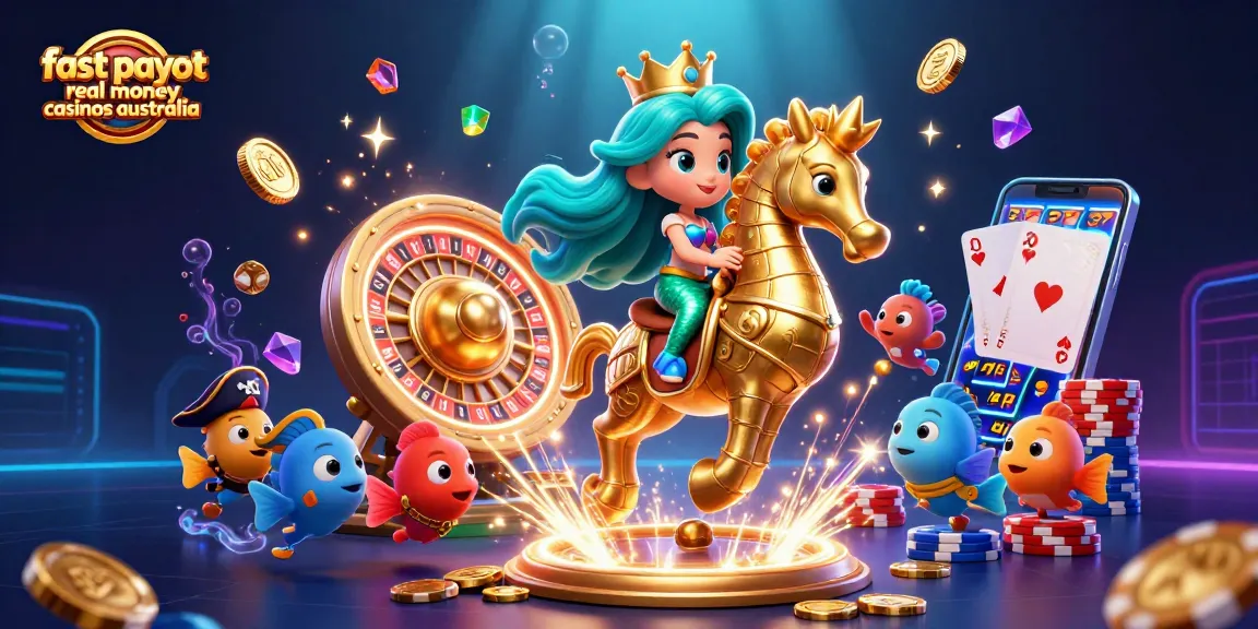 Experience fast payout real money casinos Australia with a vibrant underwater casino scene featuring mermaids and treasure.