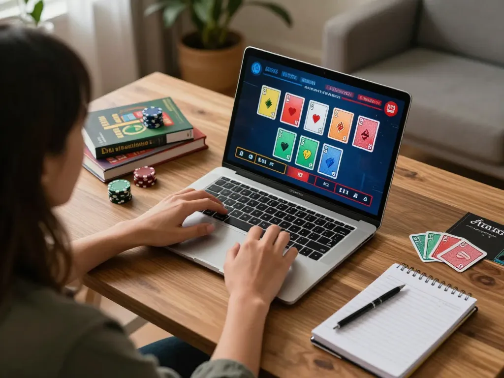Player strategizing on a laptop for b52 blackjack game at home