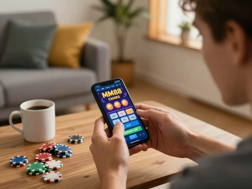 Engaging user playing on MM88 mobile app, showcasing a thrilling online gambling experience.