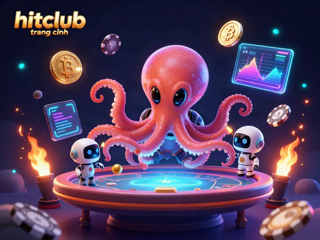 Engage in thrilling action with hitclub trang chính at the holographic poker table featuring an alien octopus and exciting gaming elements.