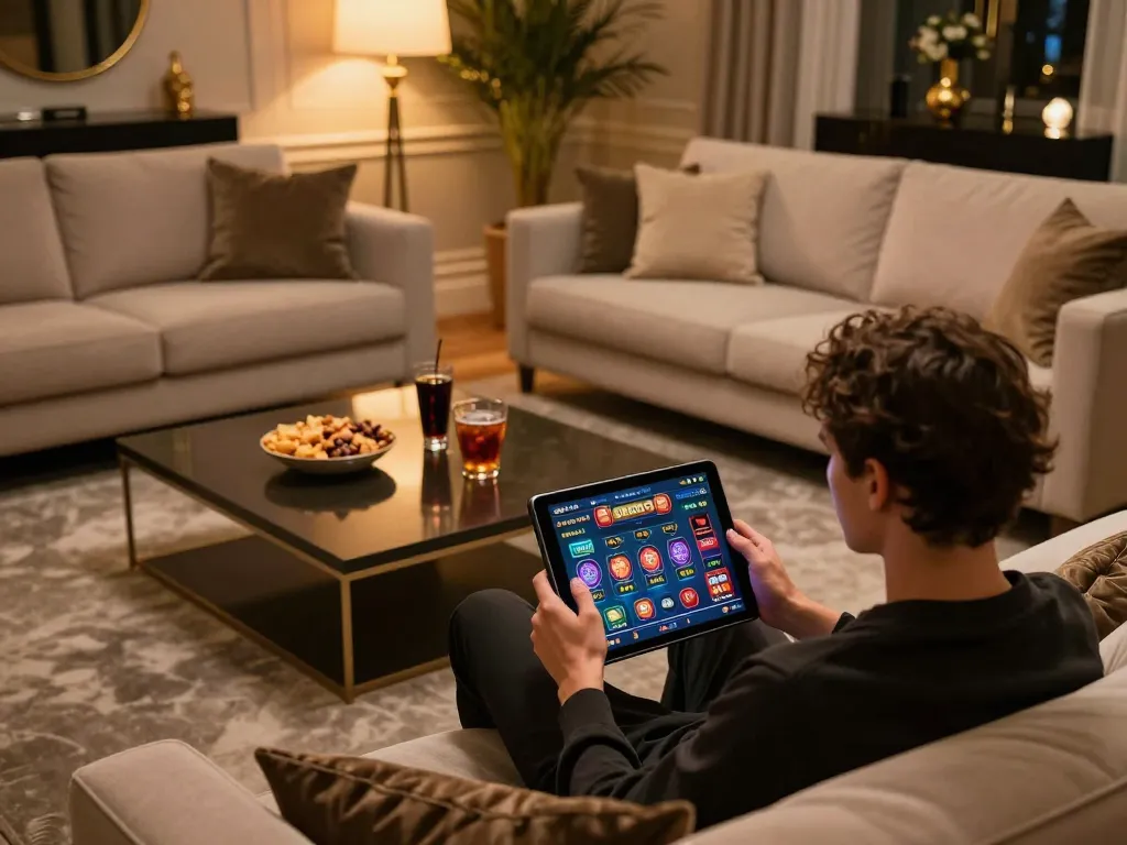 Enthusiast using tablet for okfun đăng nhập at home, exploring online casino games in a cozy setup.