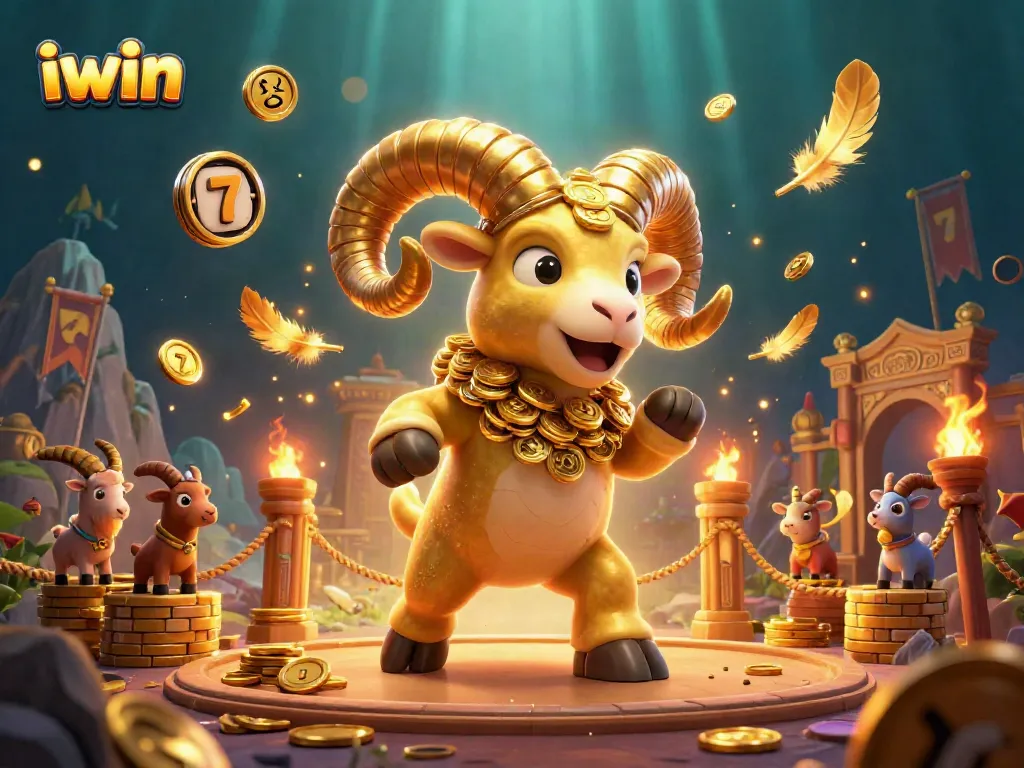 Win big with iwin's dynamic casino illustration showcasing golden ram and slot reels.
