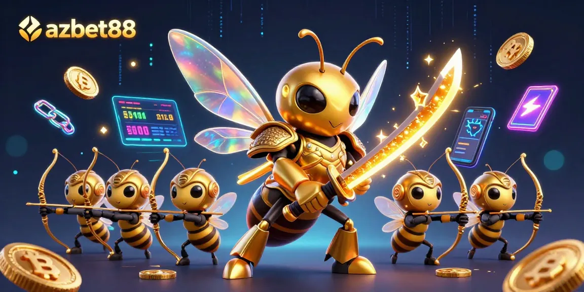 azbet88 showcases an exciting 3D gaming scene featuring a golden hornet samurai with cryptocurrency elements