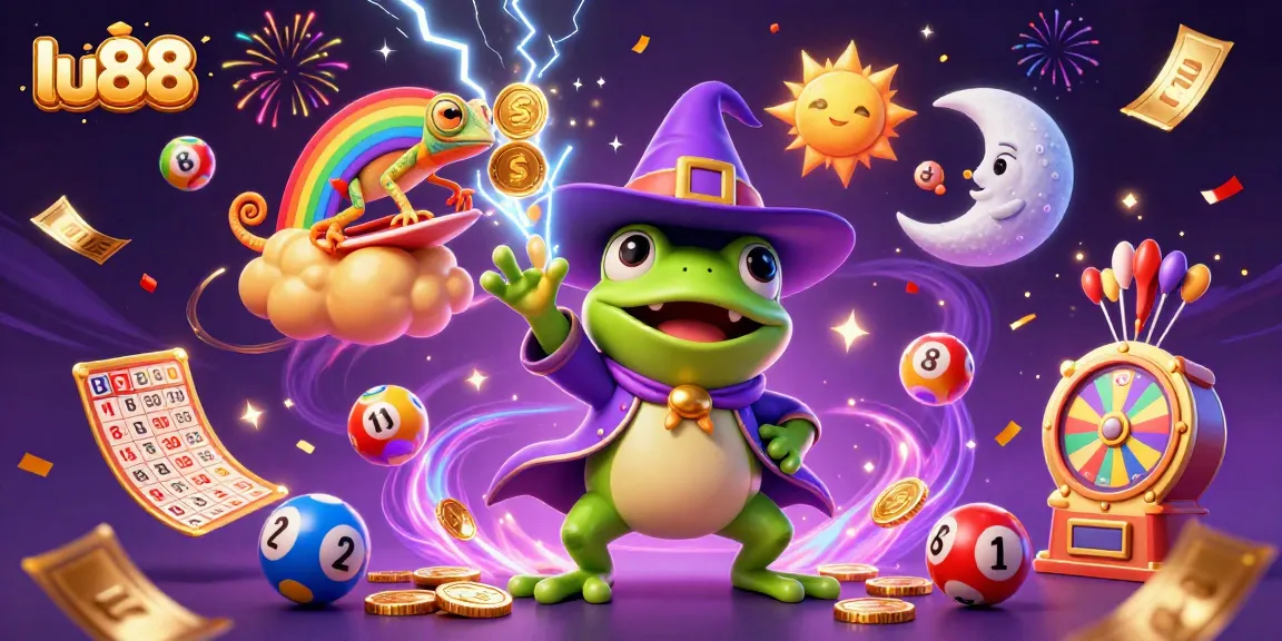Win big with lu88 as a frog wizard conjures coins amidst festive gaming elements.