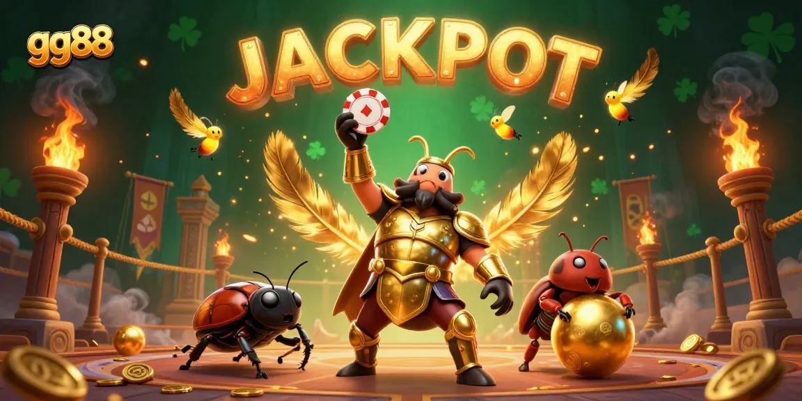 Join the excitement with gg88 as a triumphant beetle lifts a poker chip amid golden casino elements.