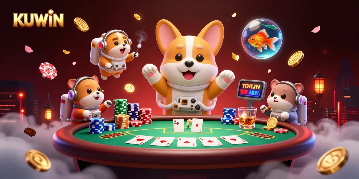 KUWIN's exciting gambling adventure with a corgi astronaut in a casino, poker chips, and dynamic game elements