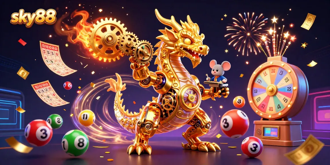Engage with sky88's immersive scenery featuring a golden dragon and lottery elements.