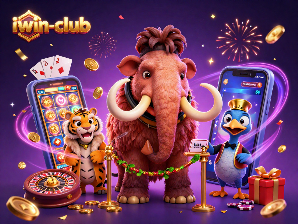 Experience the vibrant energy of iwin-club's casino world with a bouncer and VIP guests amidst exciting games.