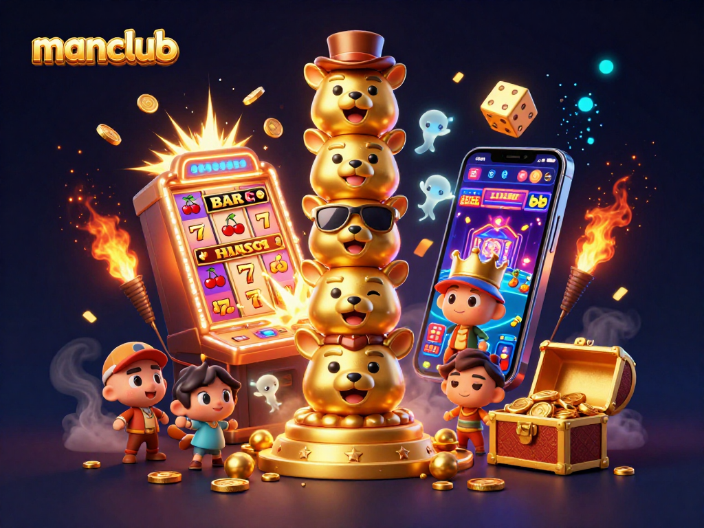 Experience the excitement of manclub with a vibrant 3D illustration of casino-themed characters and rich game elements.