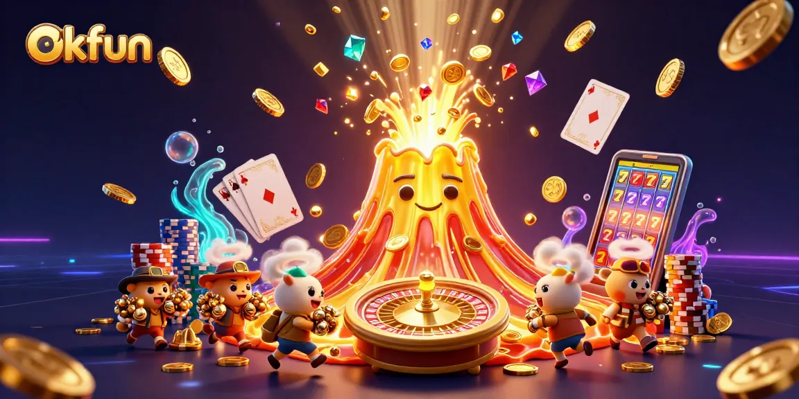 Spin to win at okfun with this vibrant illustration of a golden volcano erupting coins and treasures!