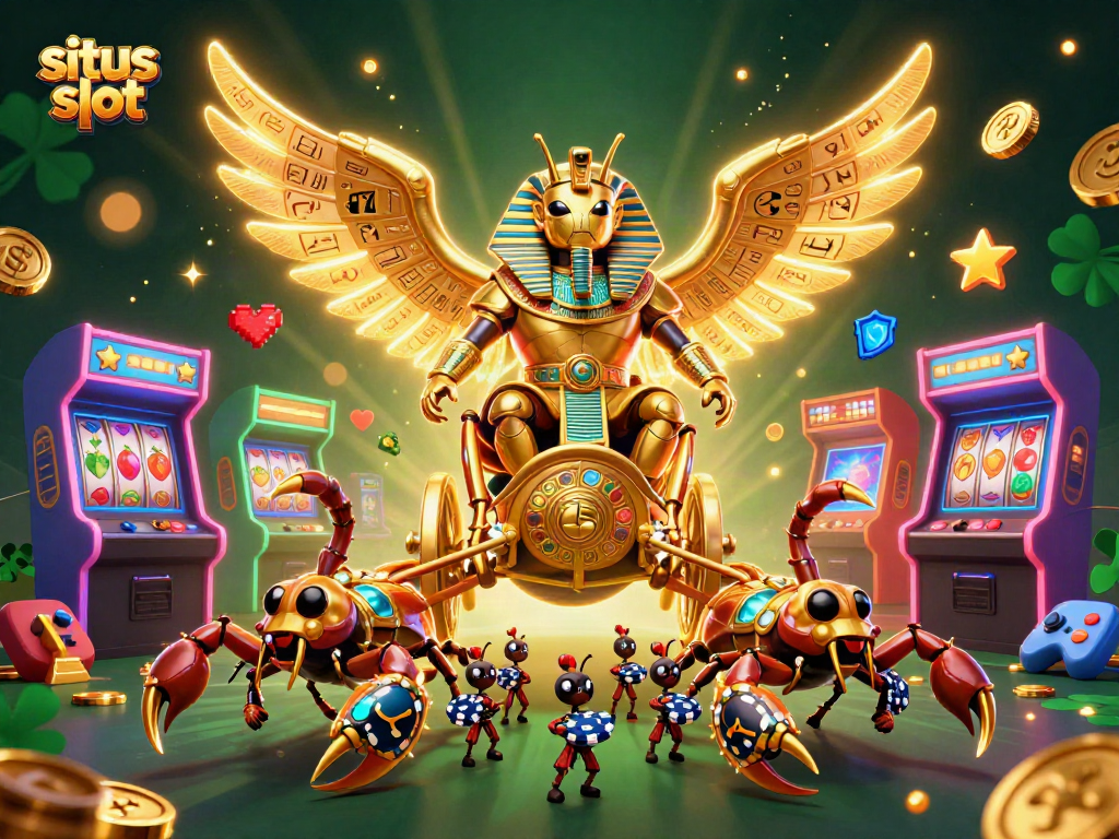 Spin the situs slot reels in a vibrant digital casino filled with golden scarabs and neon lights.