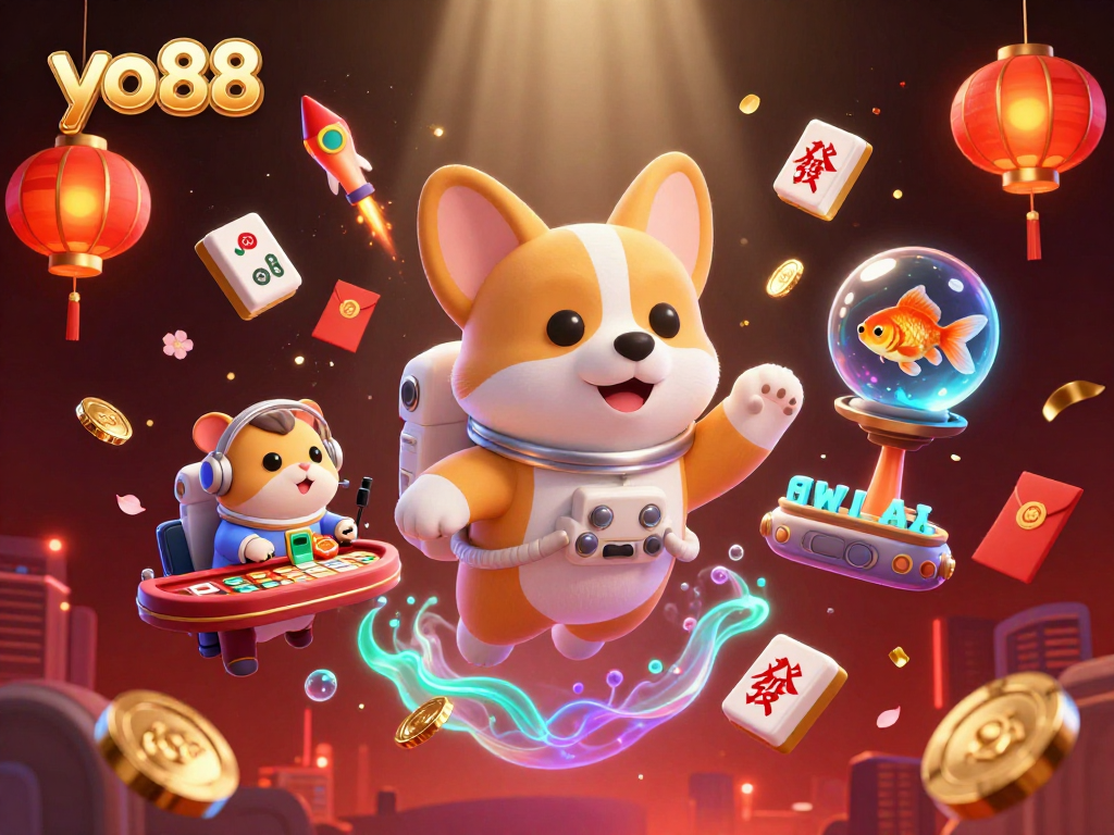 Experience thrilling play at yo88 with dynamic casino elements in a vibrant 3D space scene.