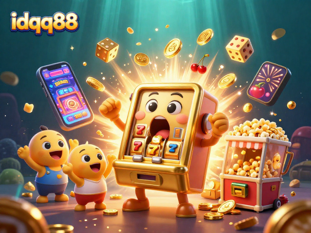 Experience the excitement of idqq88 with a golden slot machine hitting a jackpot amidst flying coins and festive elements.