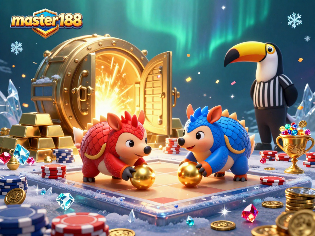 Master188's lively scene of rival pangolins battling through poker chips captures the excitement of casino action.