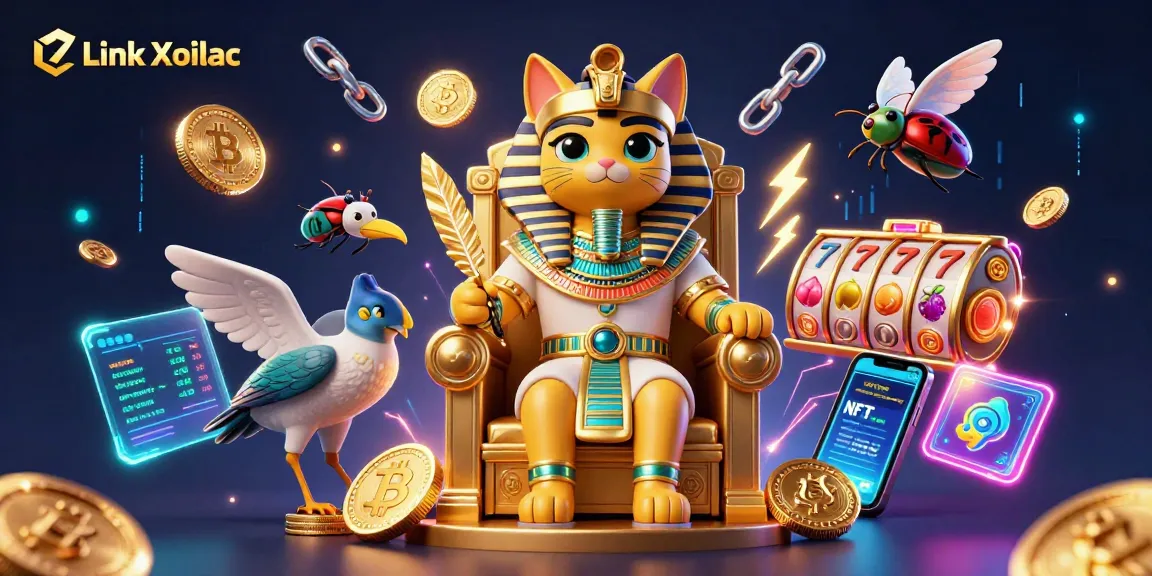 Join the action with Link Xoilac, featuring a lively 3D casino scene abundant with golden treasures and crypto elements.