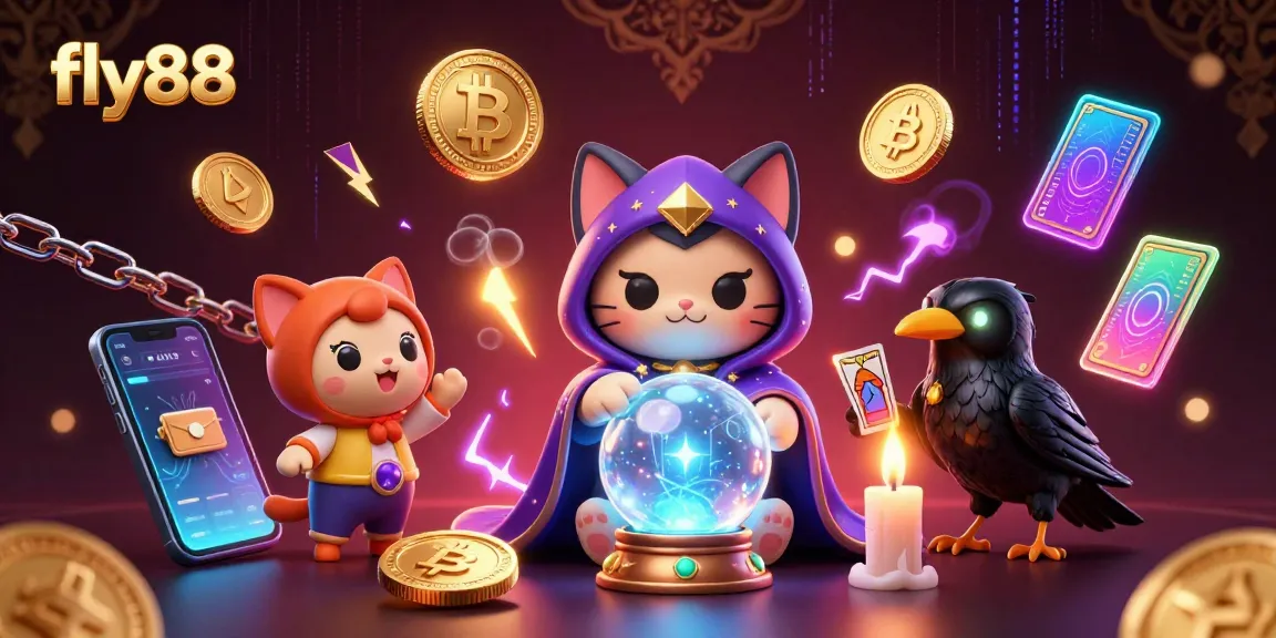 Engage in thrilling games at fly88, where a mystical cat and raven guide your fortune in this vibrant casino realm.