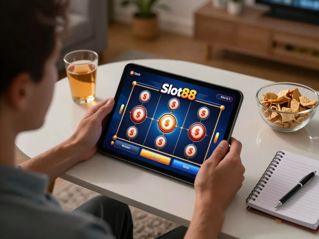 Memainkan Slot88 apk di tablet, menangkap momen menegangkan dari permainan slot di rumah.