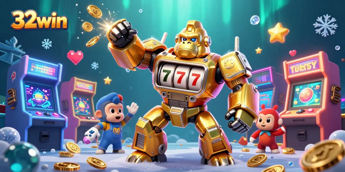 Engage in thrilling gaming action with 32win's dynamic casino experience featuring a golden mech.